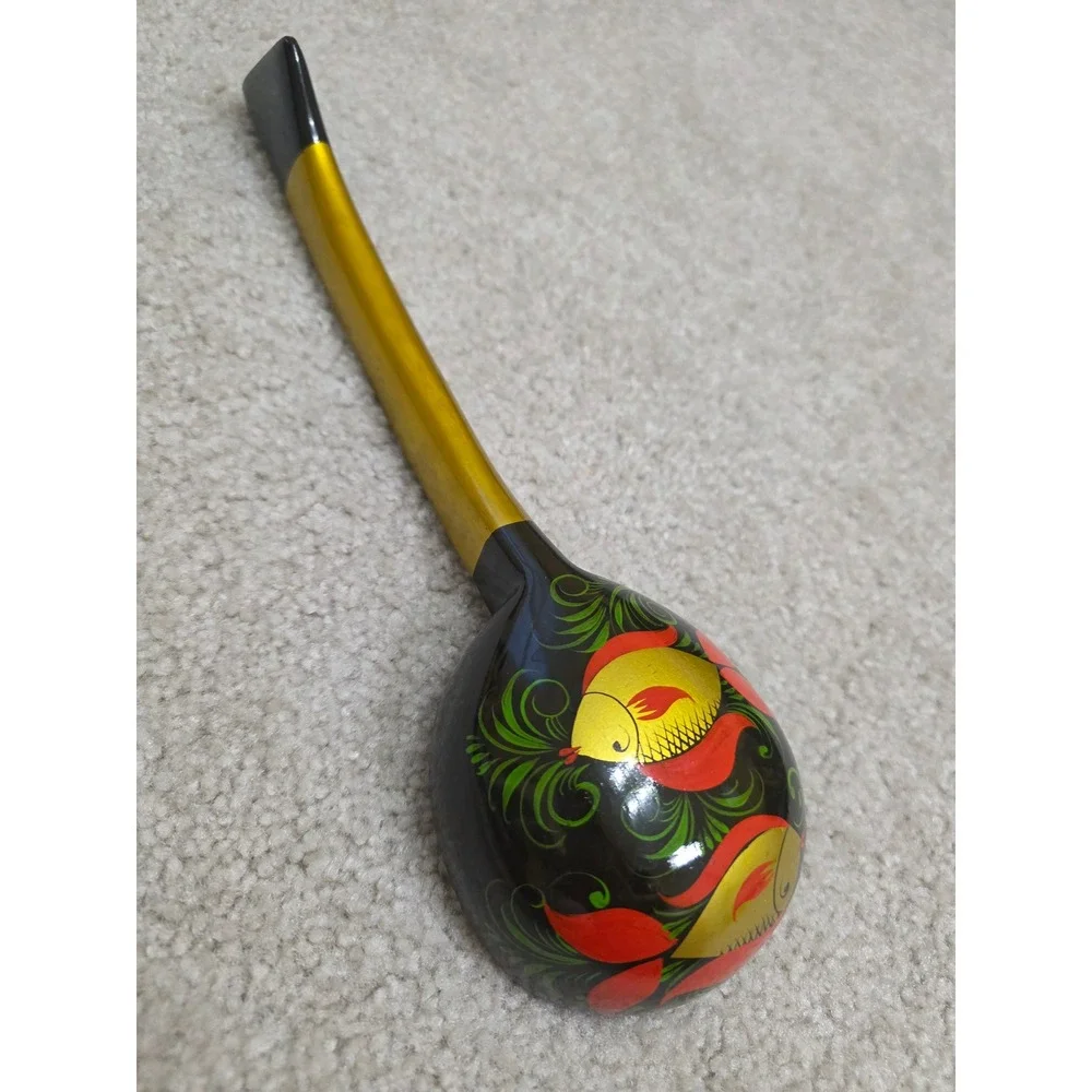 Vintage Russian Khokhloma Wooden Spoon Hand Painted Fish Folk Art Lacquer 14Inch